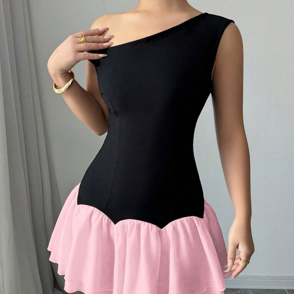 Pink Casual Women's Contrast Color Patchwork Chiffon Asymmetrical Mini Dress - Picture 3 of 6